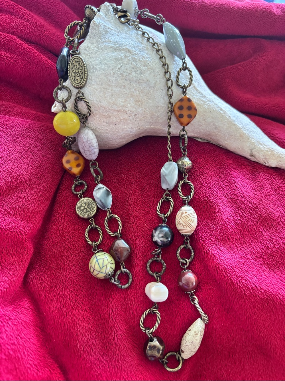 Premiere Design 20” Boho Necklace Earth Tone Beaded Soft Black Gold Links